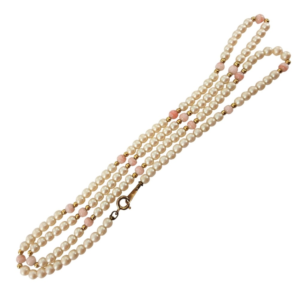Vintage Cream Faux Pearl Necklace Pink‎ Spacers Gold Accent 24" Strand